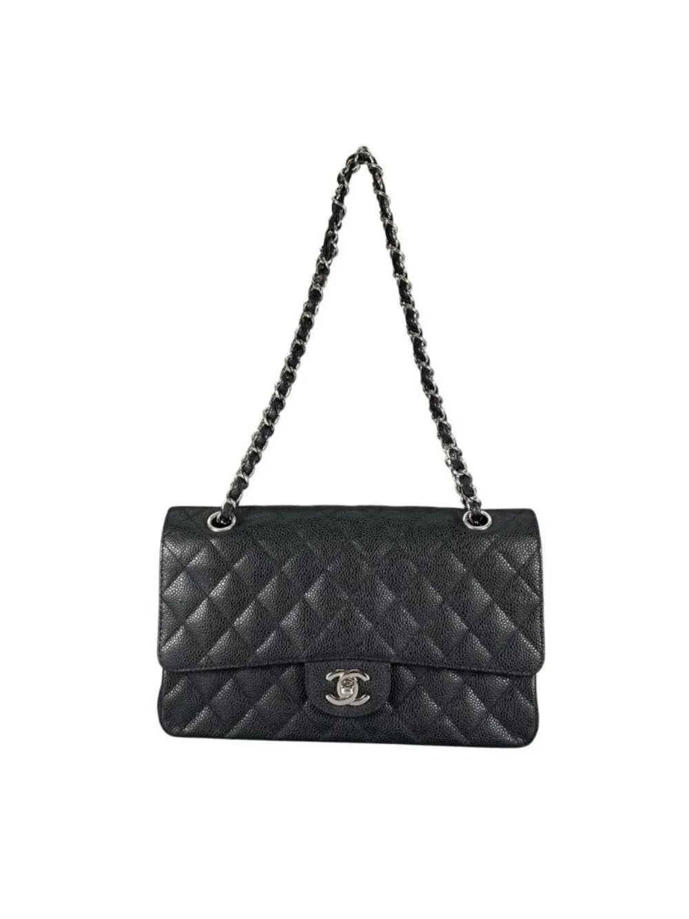 Chanel Shoulder Bag Quilted 25 Silver Chain Black
